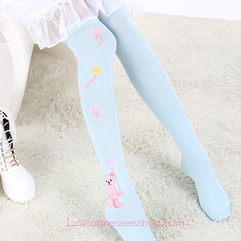 Lovely Bear Pattern Sky Blue Fashion Knee Stockings