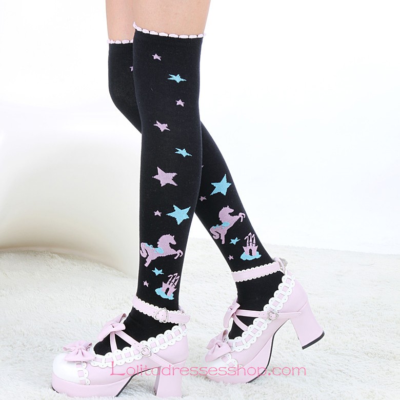 Lovely Black Stars and Pony Pattern Knee Stockings