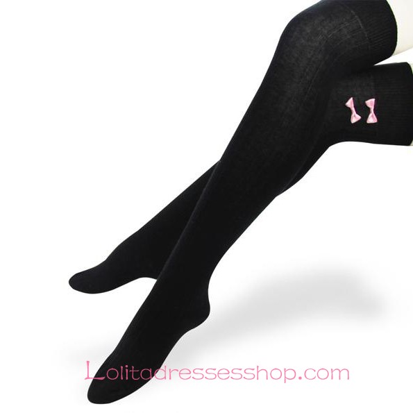 Lovely Black Cotton Slim Bows Lolita Knee Stockings