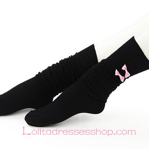 Lovely Black Cotton Slim Bows Lolita Knee Stockings