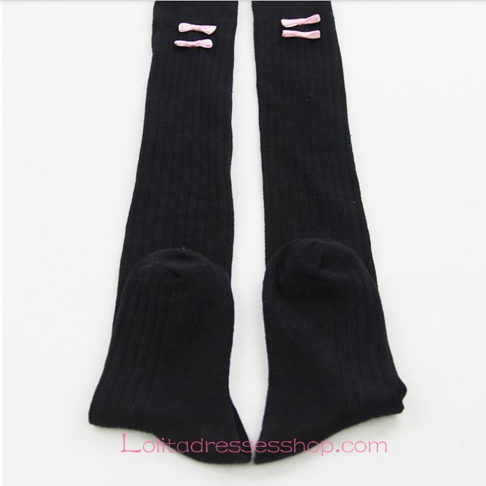 Lovely Black Cotton Slim Bows Lolita Knee Stockings