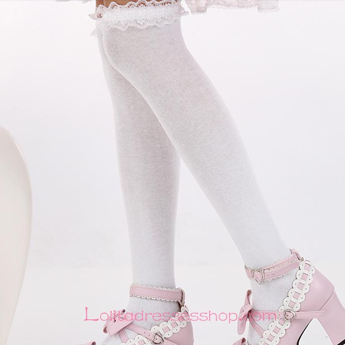 Lovely Fashion White Purfle Sweet Lolita Knee Stockings