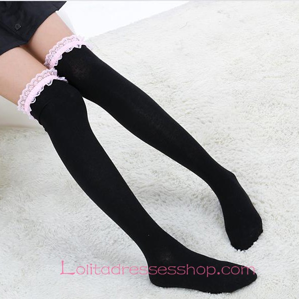 Lovely Black Fashion Pink Purfle Sweet Lolita Knee Stockings