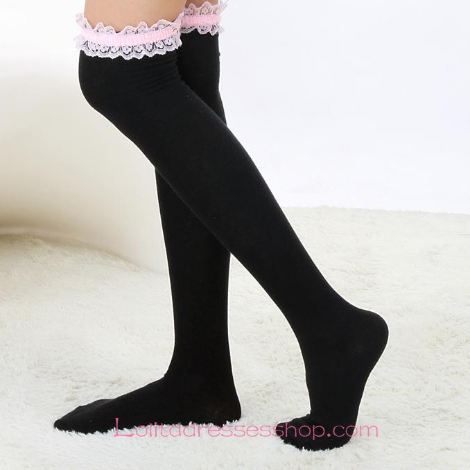 Lovely Black Fashion Pink Purfle Sweet Lolita Knee Stockings