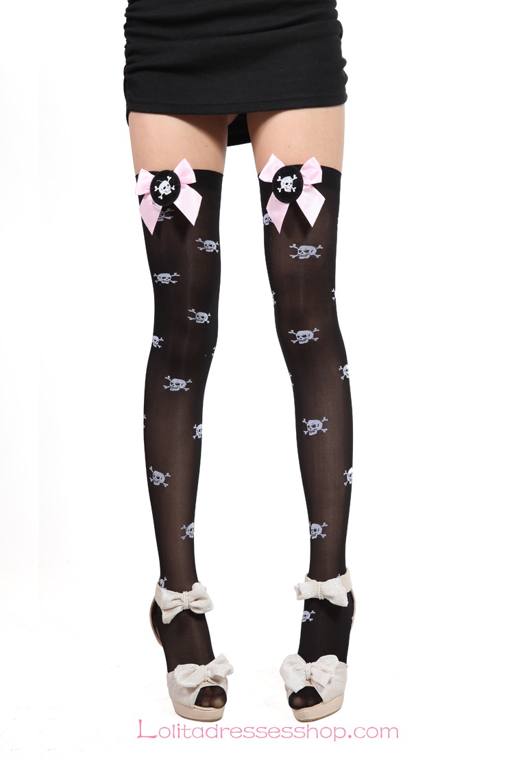 Pink Bow Black Cross Skull Pattern Lolita Knee Stockings