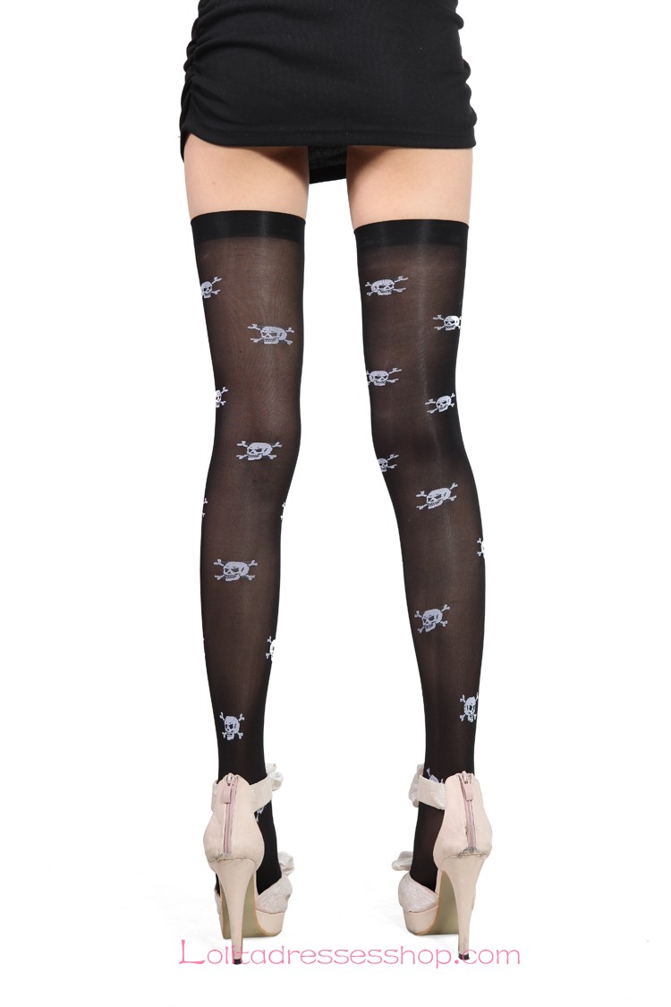 Pink Bow Black Cross Skull Pattern Lolita Knee Stockings