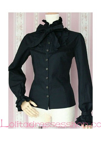 Black Cotton Stand Colla Long Sleeve Bowknot Lolita Blouse