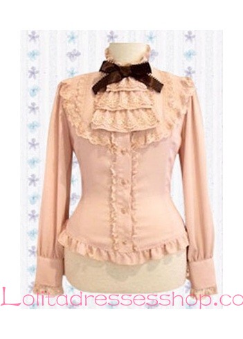 Sweet Princess Pink Cotton Stand Collar Lace Trim Lolita Blouse