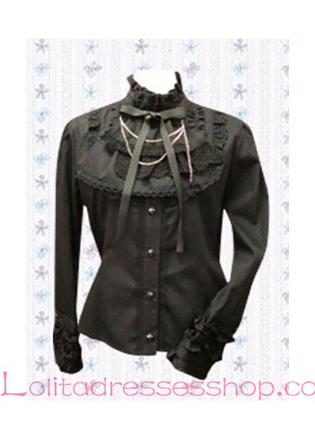 Black Lace Trim Cotton Stand Collar Long Sleeve Lolita Blouse