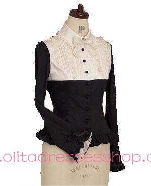 White and Black Cotton Lapel Long Sleeve Bowknot Lolita Blouse