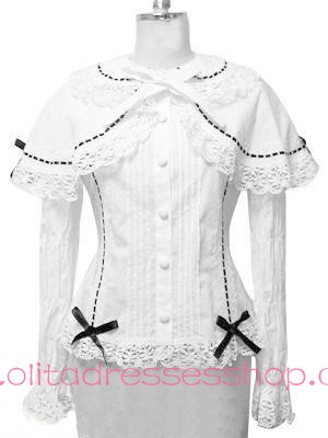 Cute Girl White Shoulder Cap Long Sleeve Lace Trim Lolita Blouse