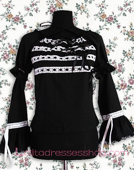 Black Cotton White Lace Trim Long Sleeve Lolita Blouse