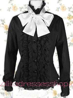 Black and White Cotton Lace Hem Stand Collar Lolita Blouse