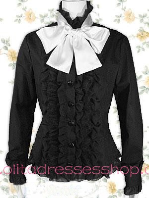 Black and White Cotton Lace Hem Stand Collar Lolita Blouse
