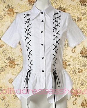 Street Casual White Lapel Short Sleeve Lacing Lolita Blouse