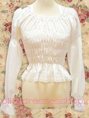 White Round Neck Long Sleeve Lace Trim Elastic Lolita Blouse