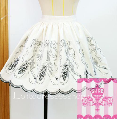 White Flounce Petal Hem Ballet Shoes Embroidery Lolita Skirt