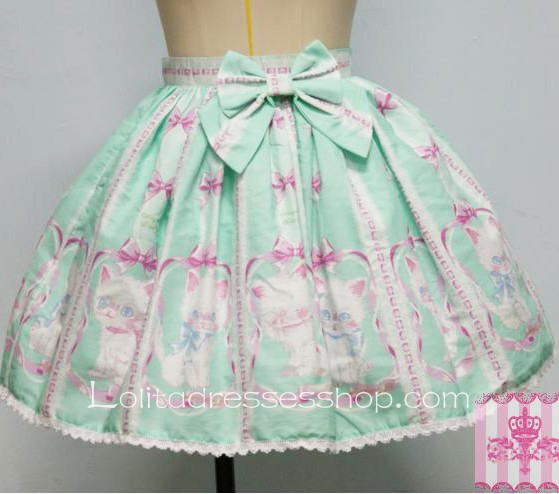 Lovely Cat Pattern Bowtie Puff Green Lolita Skirt