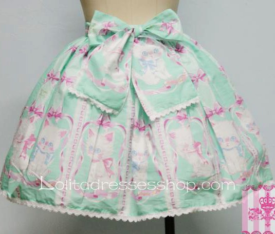 Lovely Cat Pattern Bowtie Puff Green Lolita Skirt