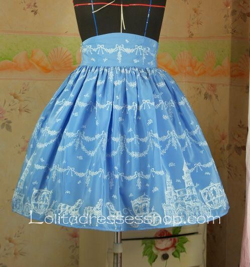 Blue Snow Castle Decoration Elastic Waist Lolita Skirt