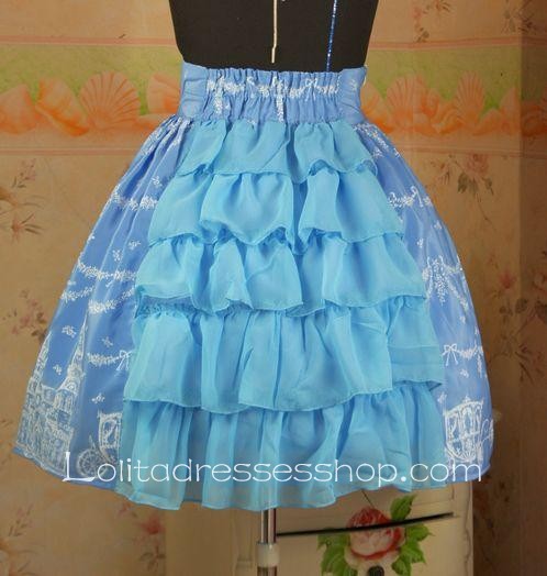 Blue Snow Castle Decoration Elastic Waist Lolita Skirt