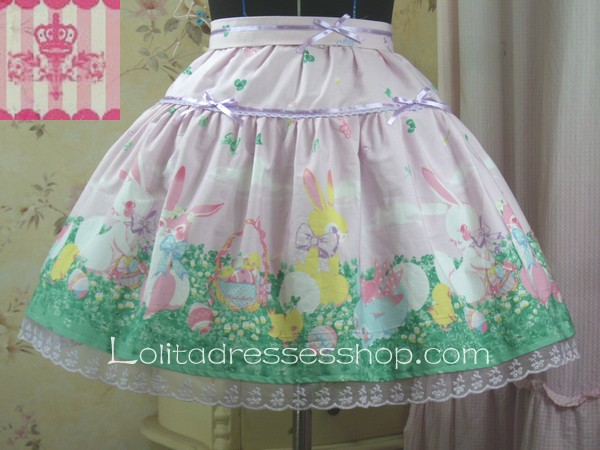 Grassland Rabbit Ribbon Bow Lace Hem Pink Lolita Skirt