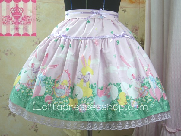 Grassland Rabbit Ribbon Bow Lace Hem Pink Lolita Skirt