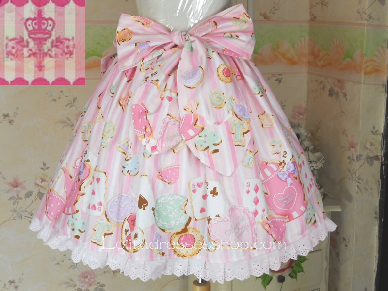 Pink Stripes Various Pattern Petal Hem Lolita Skirt