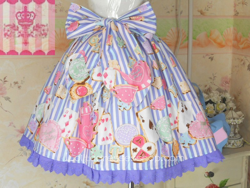 Navy Blue Stripes Various Pattern Petal Hem Lolita Skirt