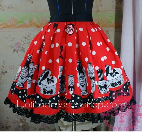 Polka Dot Bow Bottle Pattern Lace Hem Red Lolita Skirt