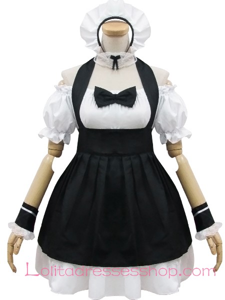 Black and White Straps Short Sleeves Ruffles Bow Sweet Maid Lolita Dress