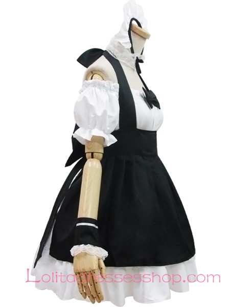 Black and White Straps Short Sleeves Ruffles Bow Sweet Maid Lolita Dress