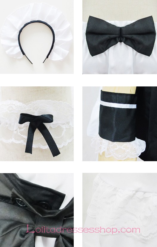 Black and White Straps Short Sleeves Ruffles Bow Sweet Maid Lolita Dress