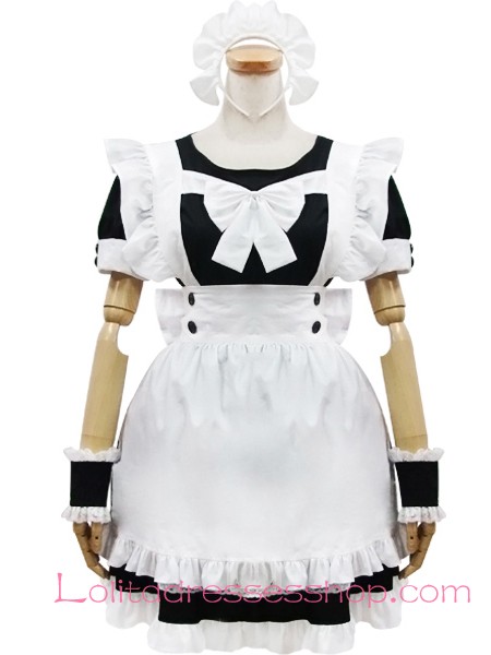 White Cotton Round Neck Short Sleeves Bow Flouncing Trim Maid Lolita Dress