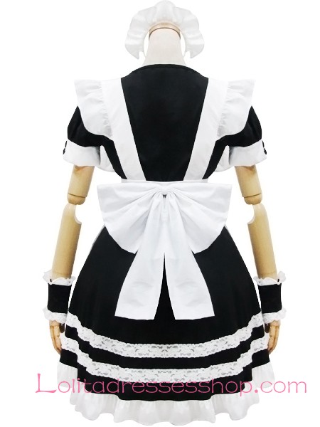 White Cotton Round Neck Short Sleeves Bow Flouncing Trim Maid Lolita Dress