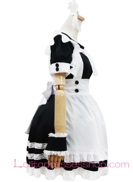 White Cotton Round Neck Short Sleeves Bow Flouncing Trim Maid Lolita Dress