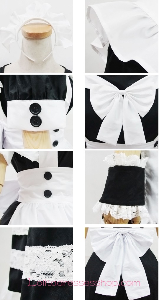 White Cotton Round Neck Short Sleeves Bow Flouncing Trim Maid Lolita Dress