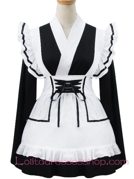 Black and White Cotton V-Neck Flouncing Sweet Maid Lolita Dress