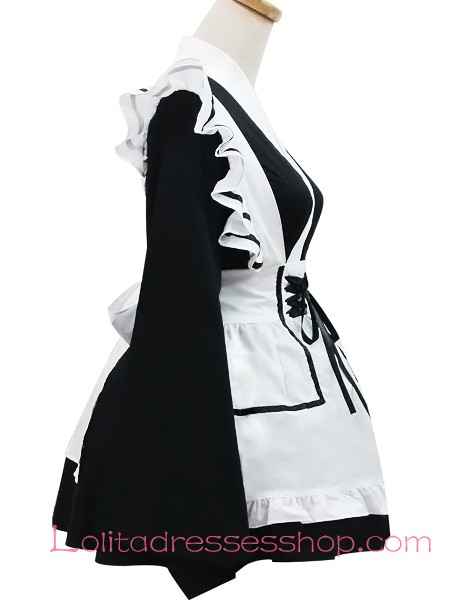 Black and White Cotton V-Neck Flouncing Sweet Maid Lolita Dress