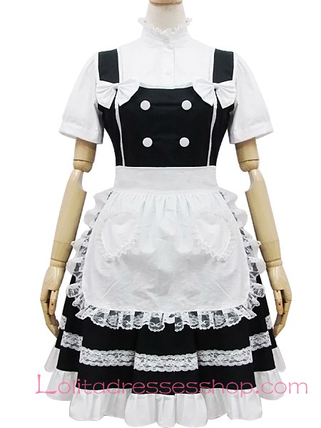 Stand Collar Short Sleeves Lace Trim Flouncing Black and White Sweet Maid Lolita Dress