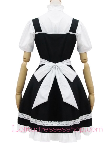Stand Collar Short Sleeves Lace Trim Flouncing Black and White Sweet Maid Lolita Dress