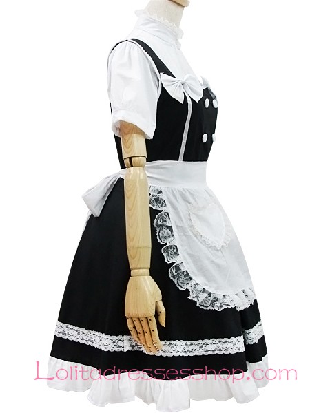 Stand Collar Short Sleeves Lace Trim Flouncing Black and White Sweet Maid Lolita Dress