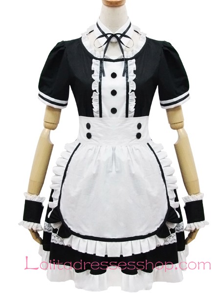 Cosplay Black and White Lapel Short Sleeves Flouncing Maid Lolita Dress