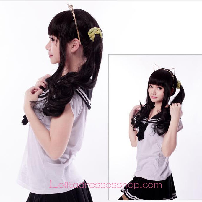 Lolita Black Long Curl Maid Cute Cosplay Wig