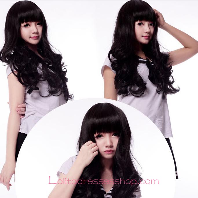 Lolita Black Long Curl Maid Cute Cosplay Wig