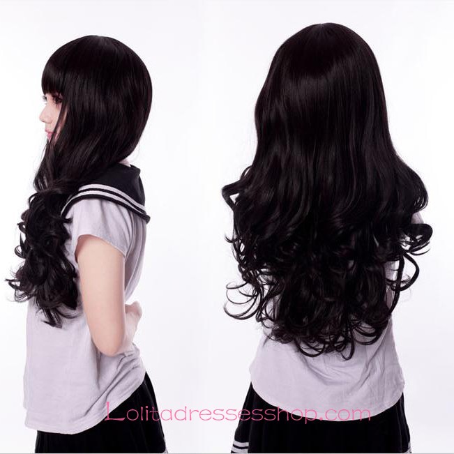 Lolita Black Long Curl Maid Cute Cosplay Wig