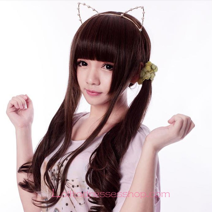 Lolita Neat Bang Long Curly Brown Maid Cute Cosplay Wig