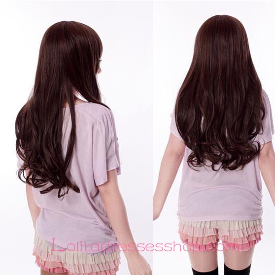 Lolita Neat Bang Long Curly Brown Maid Cute Cosplay Wig