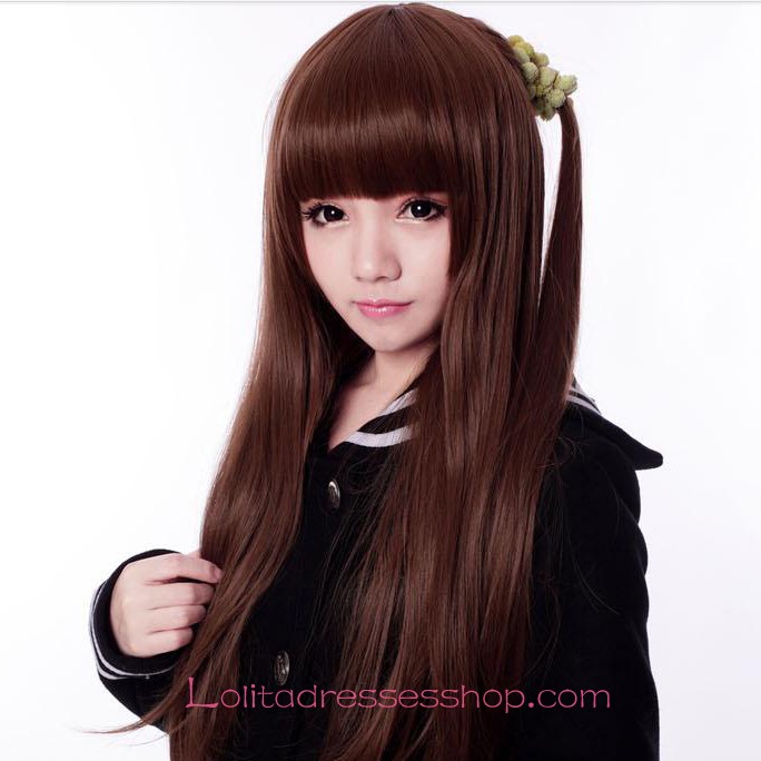 Lolita Neat Bang Long Straight Brown Maid Cute Cosplay Wig