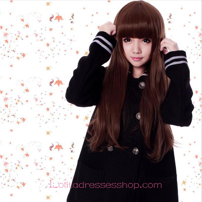 Lolita Neat Bang Long Straight Brown Maid Cute Cosplay Wig